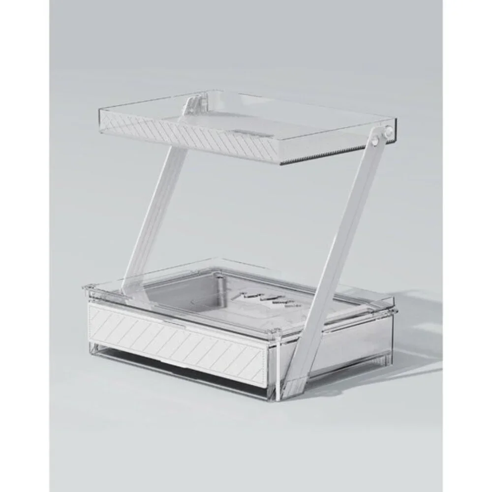 New Z-Shaped 2-Tier Makeup Organizer with Sliding Tray & Drawer for Vanity
